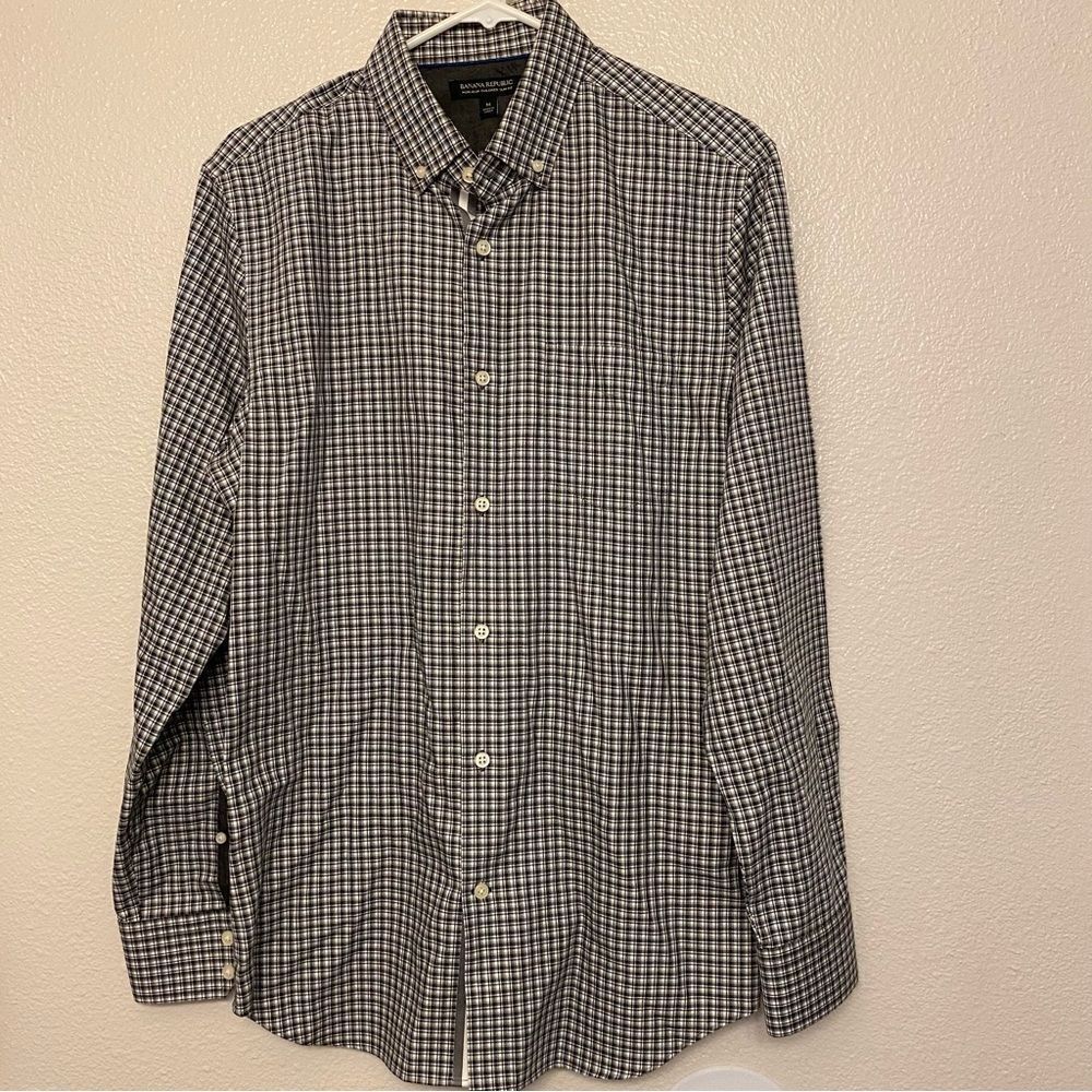 Banana Republic non iron tailored slim fit black Checked plaid button up shirt M